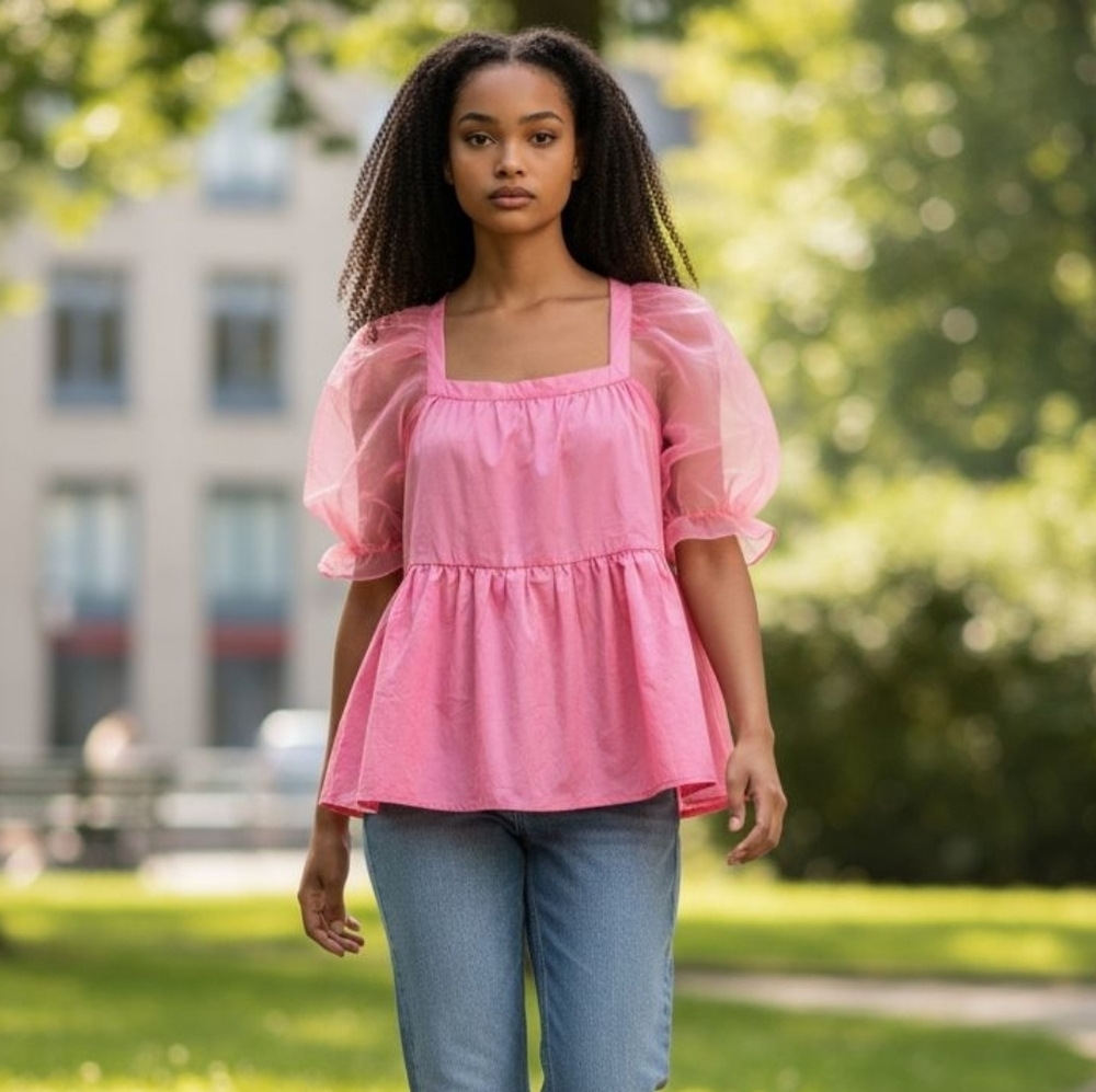 Pomander Place Pink Organza Puff Sleeve Top XS Square Neck Balletcore Soft Girl